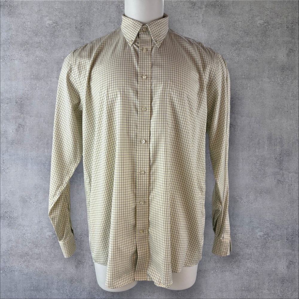 Lands End Shirt Mens 17-37 Tall Yellow No Iron Pinpoint Oxford Plaid (16)